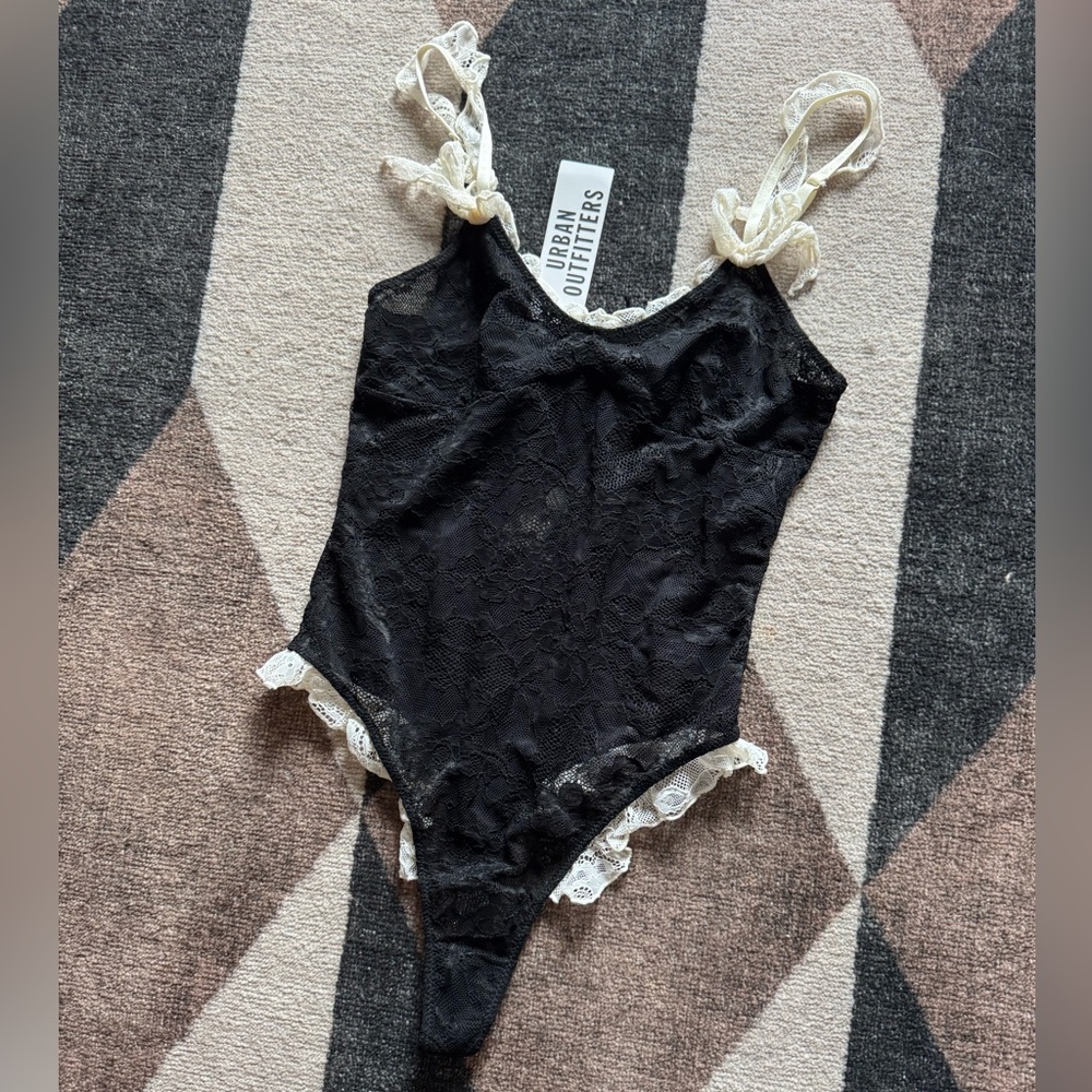 Urban Outfitters Black Lace Bodysuit with Cream Accents
